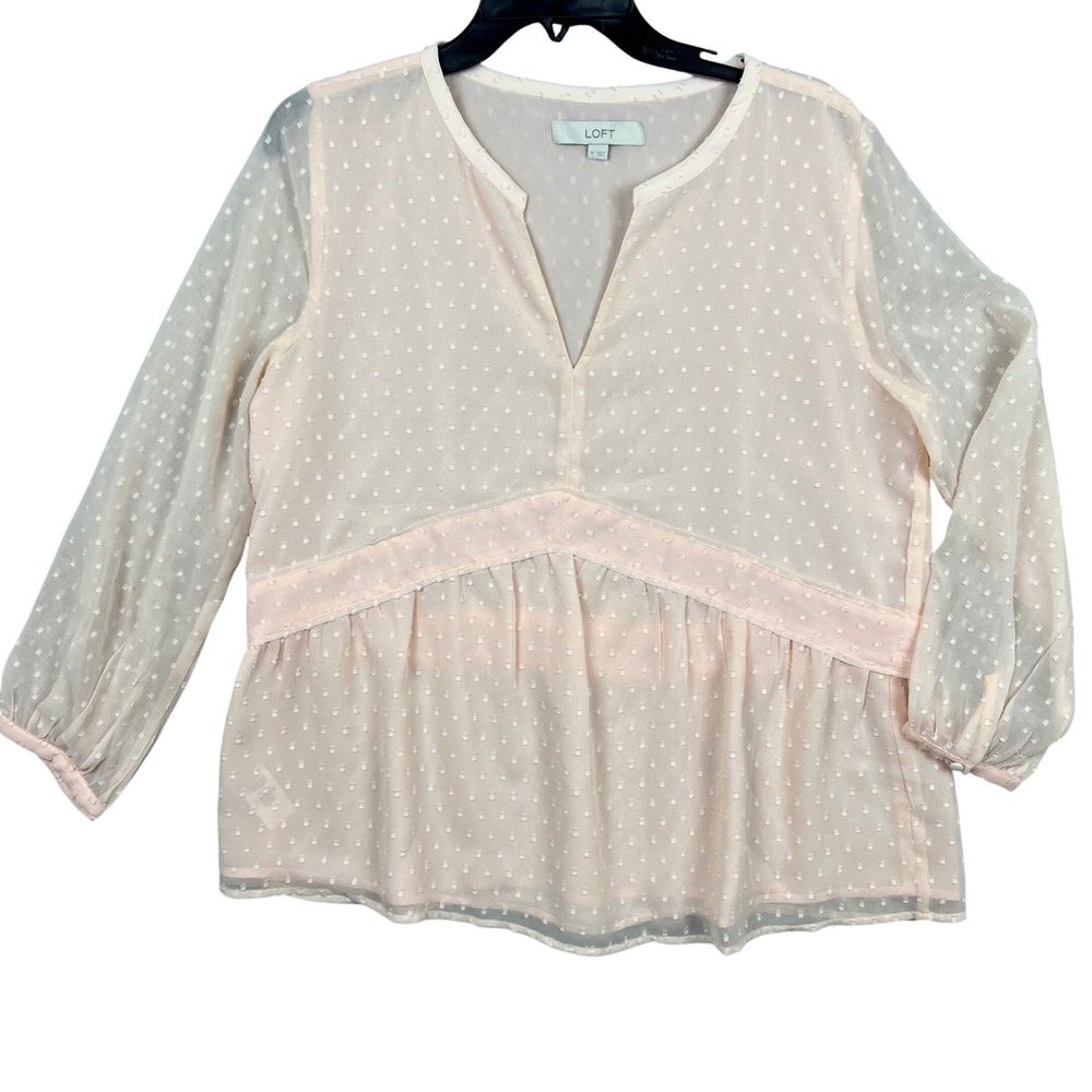 LOFT Women Sz Medium Pale Pink Clip Dot V-Neck Peplum Blouse Sheer Long Sleeve